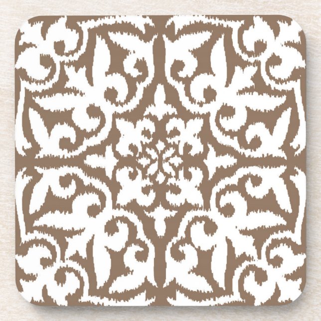 Porta-copo Cor damasco Ikat - Taupe Tan e Branco (Frente)