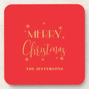 Porta-copo Cores Vermelho e Dourado Feliz Natal Nome da Famíl