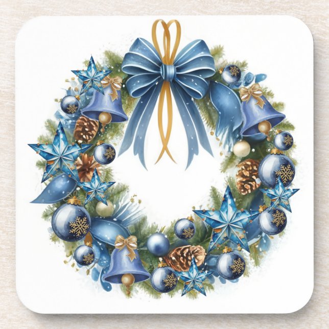 Porta-copo Coroa de Natal Azul e Dourada (Frente)