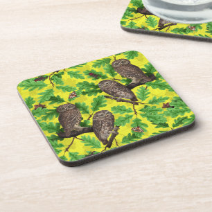 Porta-copo Corujas na Floresta em amarelo limão