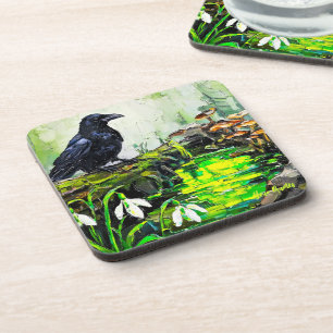 Porta-copo Corvo Preto e Pintura a Óleo do Rio da Floresta Br