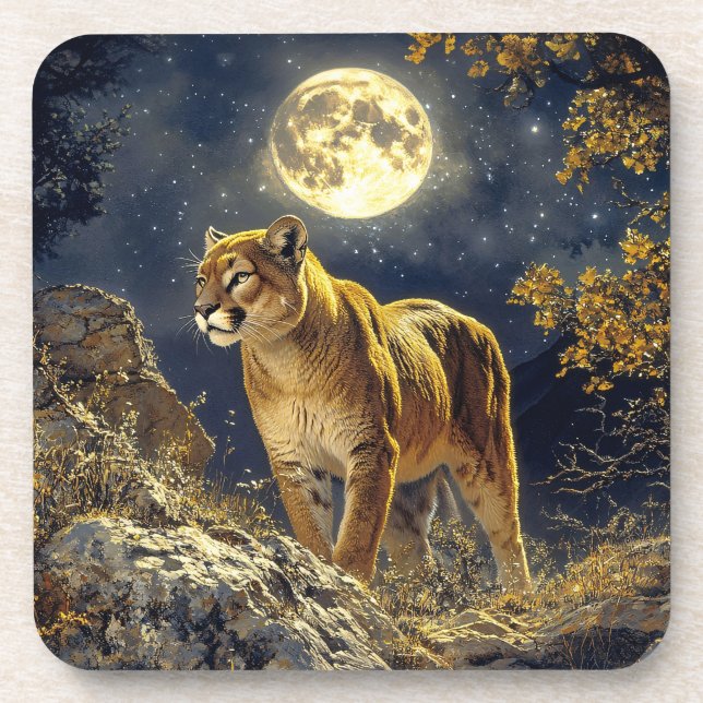 Porta-copo Cougar na Arte da Vida Selvagem à Lua (Frente)