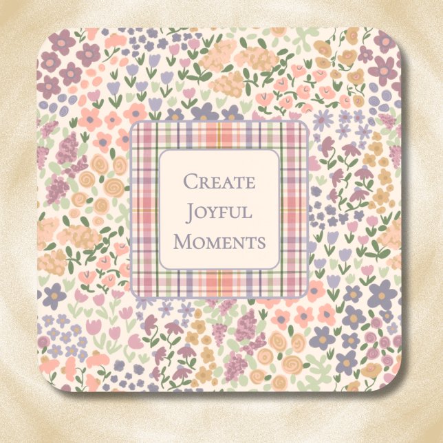 Porta-copo Create Joyful Moments Floral Plaid Coaster Set (Create Joyful Moments Coaster – Personalized Inspirational Quote – Custom Floral Plaid Drinkware)
