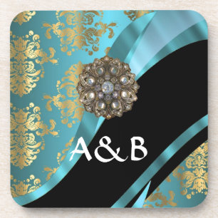 Porta-copo Cristal azul-aqua e mouro damask faux