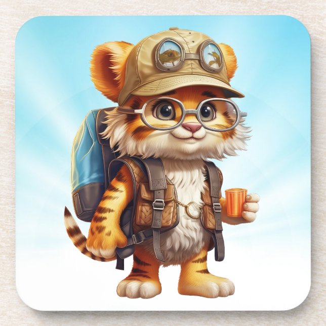 Porta-copo Cubo Joyful Tiger com mochila e café (Frente)