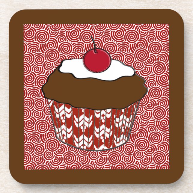 Porta-copo Cupcake de chocolate em padrão vermelho e branco (Frente)