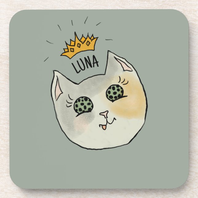 Porta-copo Custom Cat Name Art - Chubby White Cat with Crown (Frente)