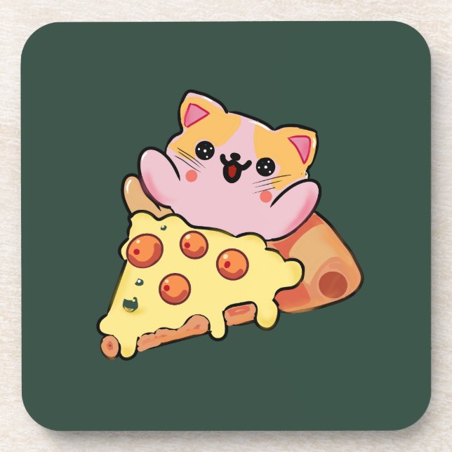 Porta-copo Custom Kawaii Cat Hugging Pepperoni Pizza Cartoon (Frente)