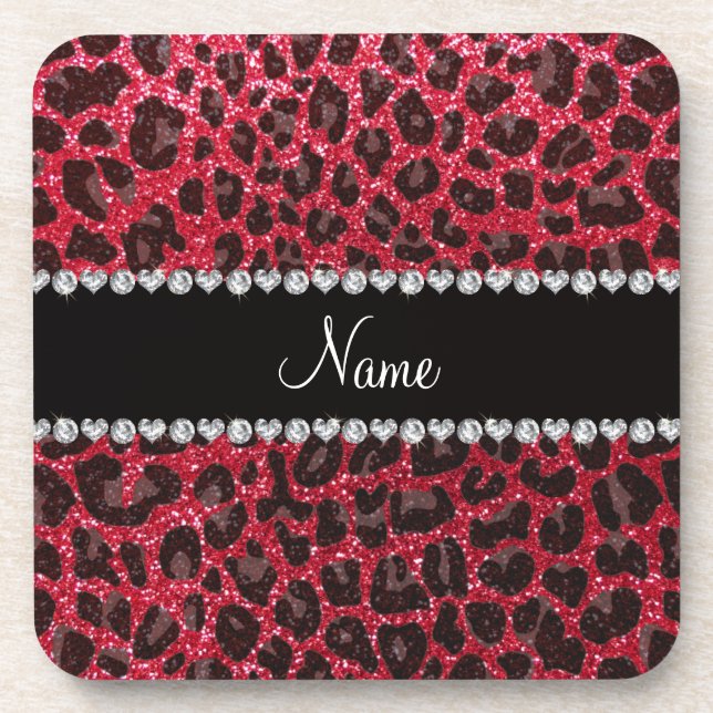 Porta-copo Custom name crimson red glitter leopard print (Frente)
