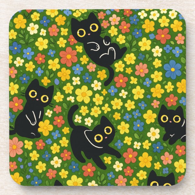 Porta-copo Cute Black Cats Floral Meadow Pattern (Frente)