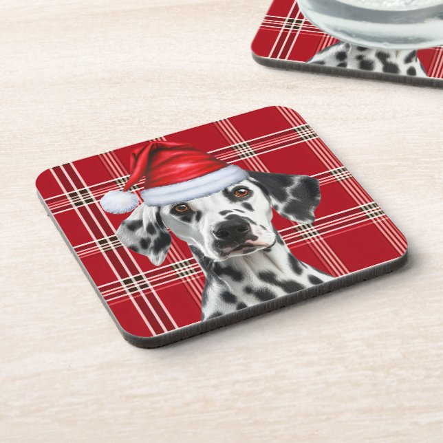 Porta-copo Cute Dalmatian Santa Dog Red Holiday Plaid (Left Side)