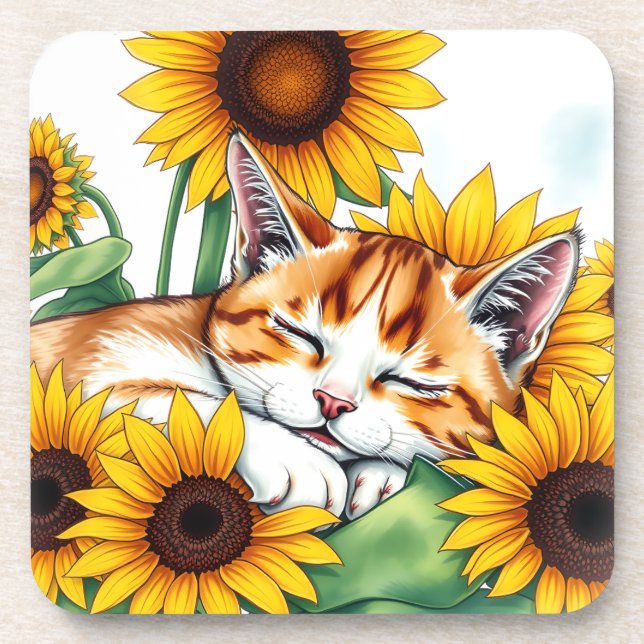 Porta-copo Cute Napping Kitten and Sunflowers (Frente)