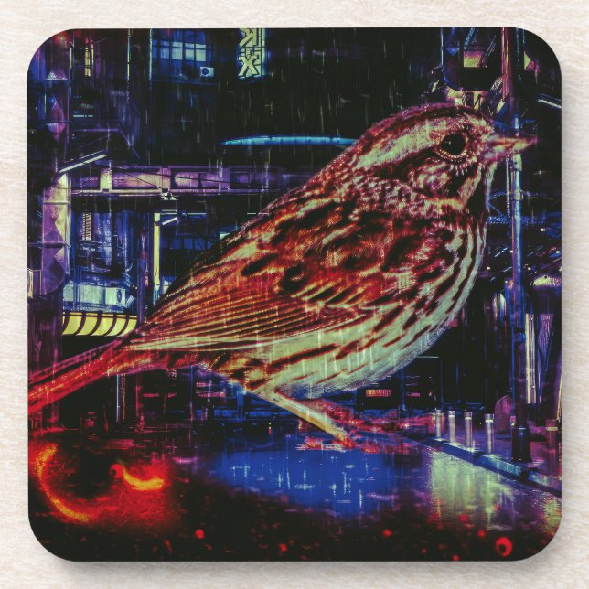 Porta-copo Cyberpunk Sparrow em Neon Cityscape (Frente)
