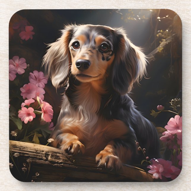 Porta-copo Dachshund Entre Os Blooms (Frente)