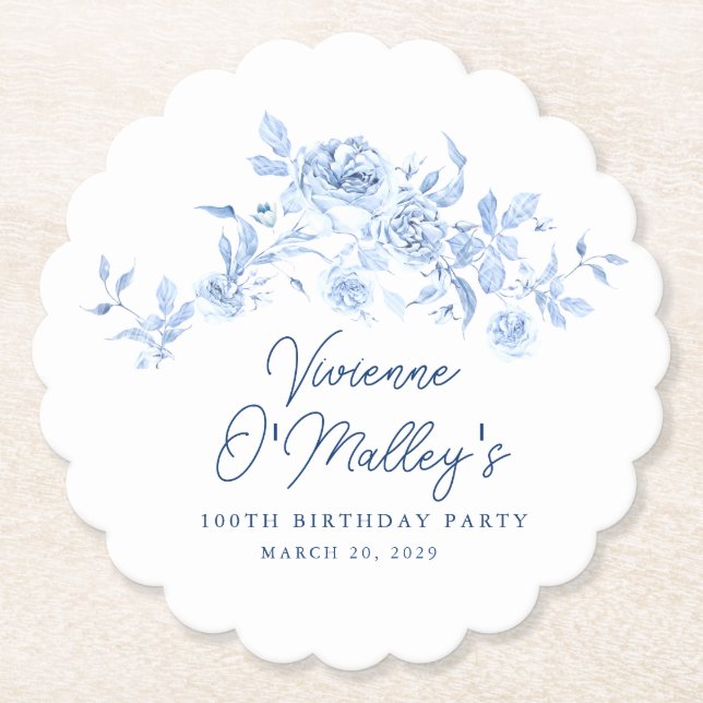 Porta-copo De Papel 100th Birthday Party Blue Rose Floral Custom (Frente)