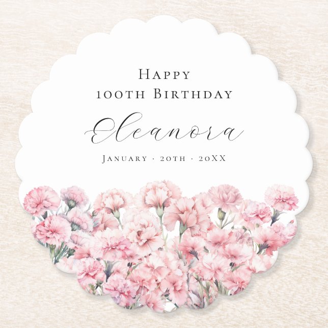Porta-copo De Papel 100th Birthday Pink Carnation January Birth Flower (Frente)