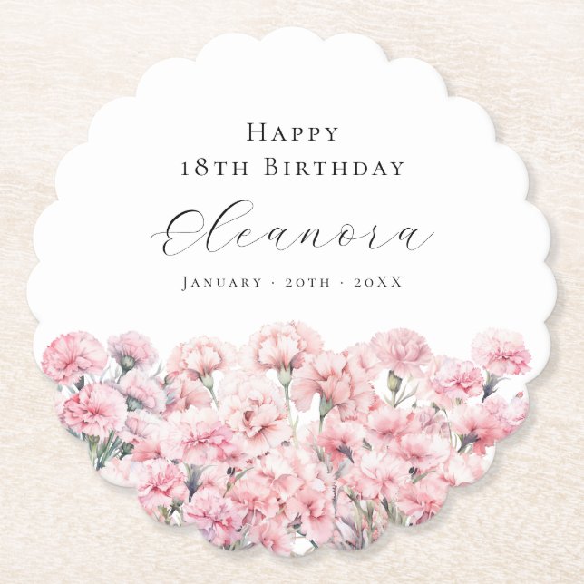 Porta-copo De Papel 18th Birthday Pink Carnation January Birth Flower (Frente)