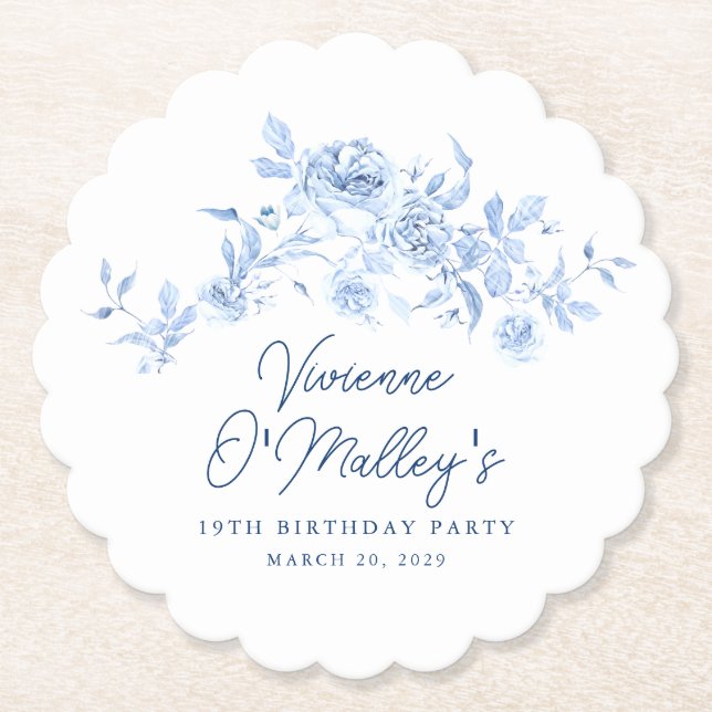 Porta-copo De Papel 19th Birthday Party Blue Rose Floral Custom (Frente)