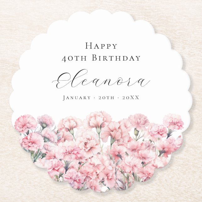 Porta-copo De Papel 40th Birthday Pink Carnation January Birth Flower (Frente)
