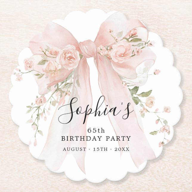 Porta-copo De Papel 65th Birthday Party Pink Bow with Roses (Frente)