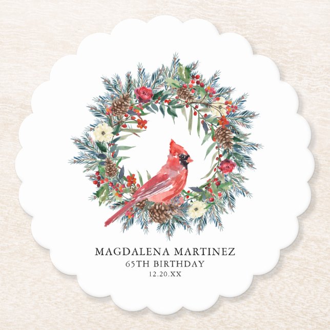 Porta-copo De Papel 65th Birthday Party Red Cardinal Wreath Custom (Frente)