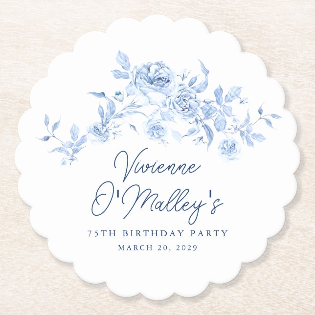 Porta-copo De Papel 75th Birthday Party Blue Rose Floral Custom (Frente)