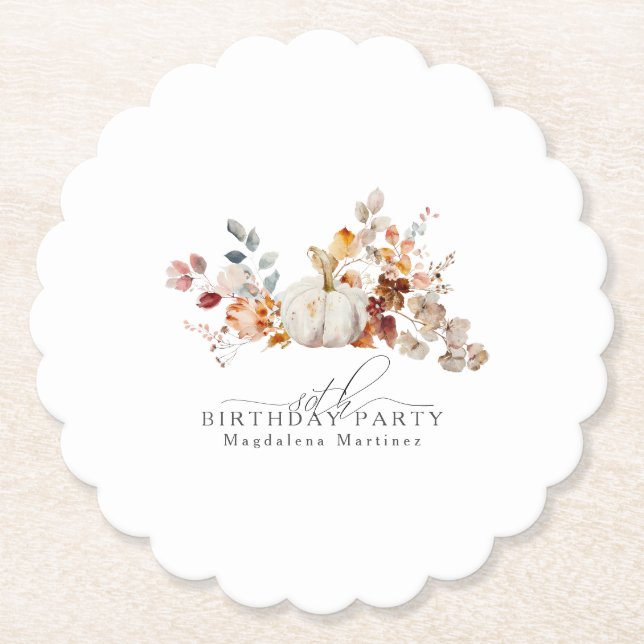 Porta-copo De Papel 80 Birthday White Pumpkin Fall Flowers Personaliza (Frente)