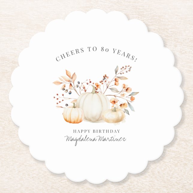 Porta-copo De Papel 80 Birthday White Pumpkin Fall Folha Personalizada (Frente)
