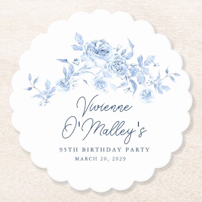 Porta-copo De Papel 95th Birthday Party Blue Rose Floral Custom (Frente)