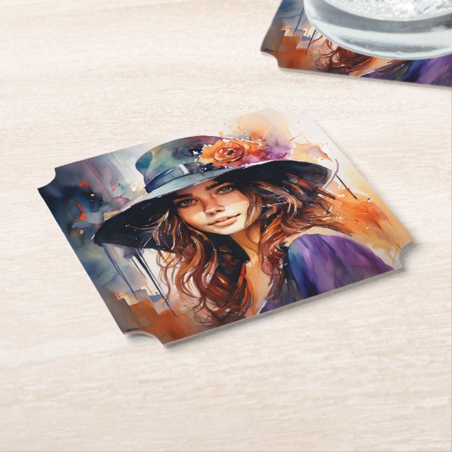 Porta-copo De Papel A Mulher no Chapéu: Retrato da Graça Vibrante (Angular)