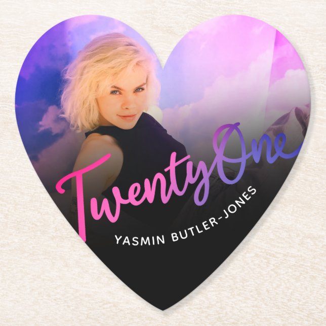 Porta-copo De Papel aniversário de 21 anos personalizado foto rosa púr (Frente)