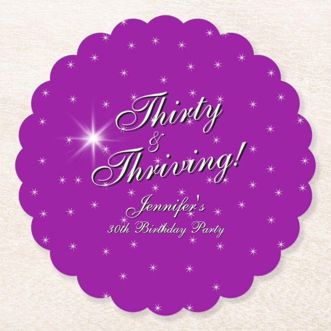 Porta-copo De Papel Aniversário de 30 anos púrpura rosa 3 e próspera (Frente)
