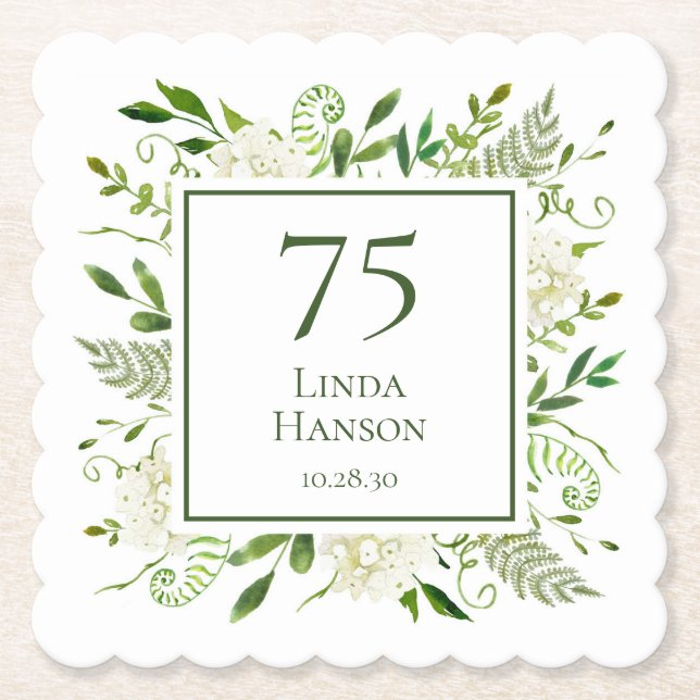 Porta-copo De Papel Aniversário de 75 anos Hortênsias Brancas (Frente)