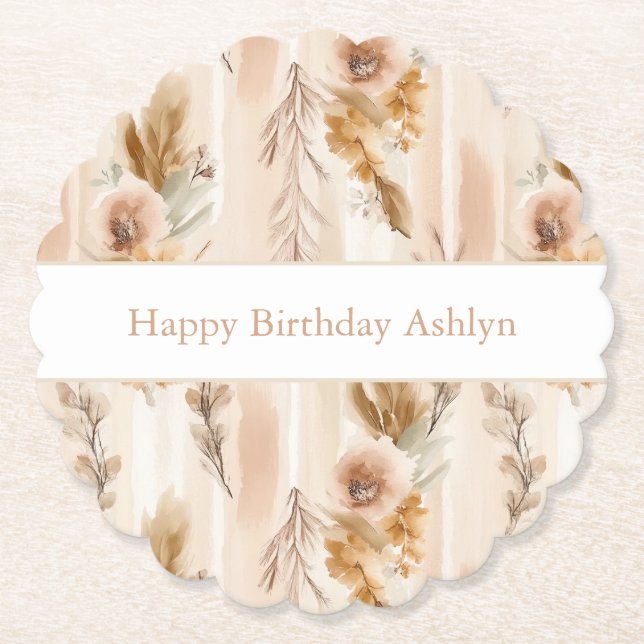 Porta-copo De Papel Aniversário Floral Boho Creme Rústico (Frente)