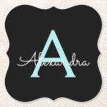 Porta-copo De Papel Aqua Teal Blue Script Girly Monographic Name<br><div class="desc">Portas copos de papel com o nome de um script simples,  azul-preto e azul-marinho. Isso faz a formatura perfeita,  aniversário,  casamento,  chá de panela,  aniversário,  chá de fraldas ou presente de festa de solteira para alguém que ama luxo de vidro e estilos quíticos.</div>