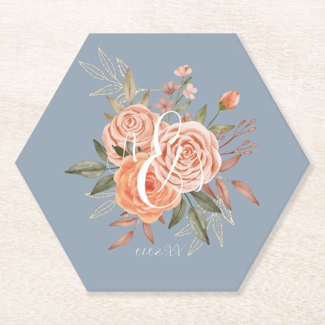 Porta-copo De Papel Aquarela Rosas De Pêssego Floral Dusty Azul (Frente)