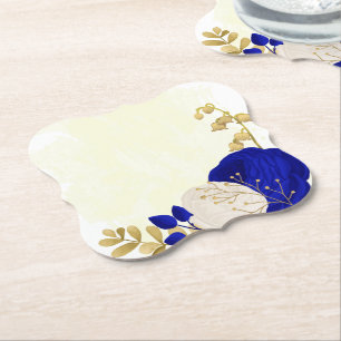 Porta-copo De Papel azul real & flores brancas dourado