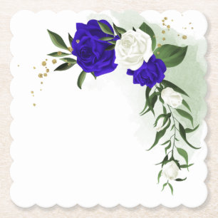 Porta-copo De Papel azul real & flores brancas folhagens