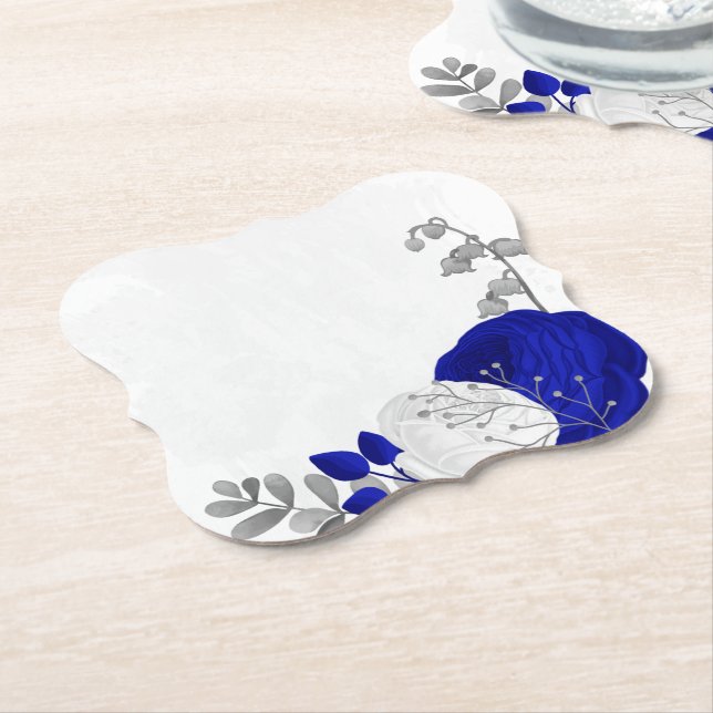 Porta-copo De Papel azul real & flores brancas prata (Angular)