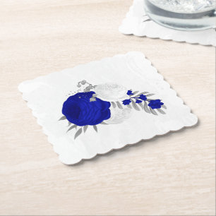 Porta-copo De Papel azul real & flores brancas prata