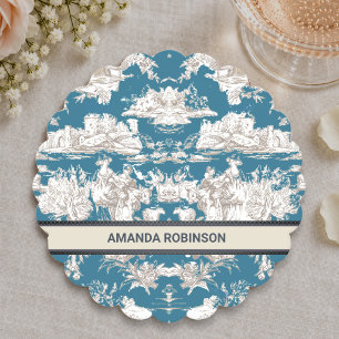 Porta-copo De Papel Azul turquesa vintage toile de jouy monograma