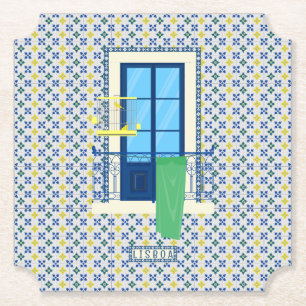 Porta-copo De Papel Azulejos portugueses e varanda de janela com aves