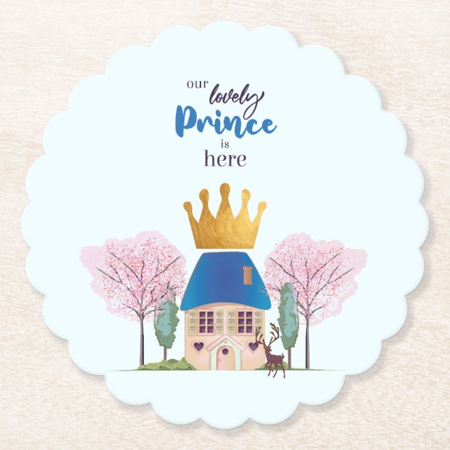 Porta-copo De Papel Baby Boy Crowan Blue Dourado Fairy Prince Castle (Frente)