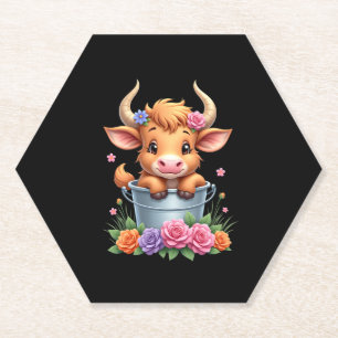 Porta-copo De Papel Bebê Fofo Vaca das Terras Altas Com flores Bezerro