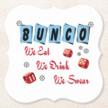 Porta-copo De Papel Bebendo Funny Retro Bunco<br><div class="desc">Viva a festa Bunco com este legal design. Apresentando três dados vermelhos e acentos retrorreflectores. Perfeito por fazer a festa rolar! Nós Comemos - Nós Bebemos - Nós Juramos</div>