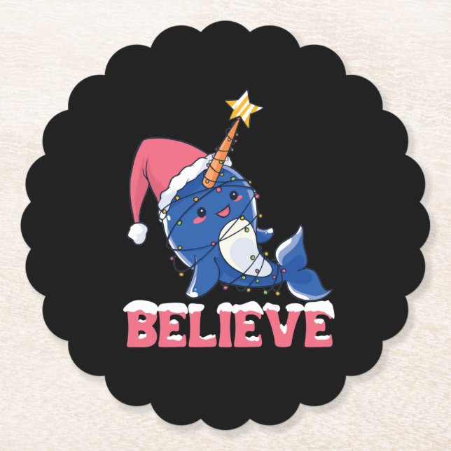 Porta-copo De Papel Believe Narwhal Christmas Snow Fairy Lights (Frente)