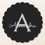 Porta-copo De Papel Black Silver Modern Script Girly Monographic Name<br><div class="desc">Portas copos de papel de nome de monograma de script simples preto e prateado. Isso faz a formatura perfeita,  aniversário,  casamento,  chá de panela,  aniversário,  chá de fraldas ou presente de festa de solteira para alguém que ama luxo de vidro e estilos quíticos.</div>