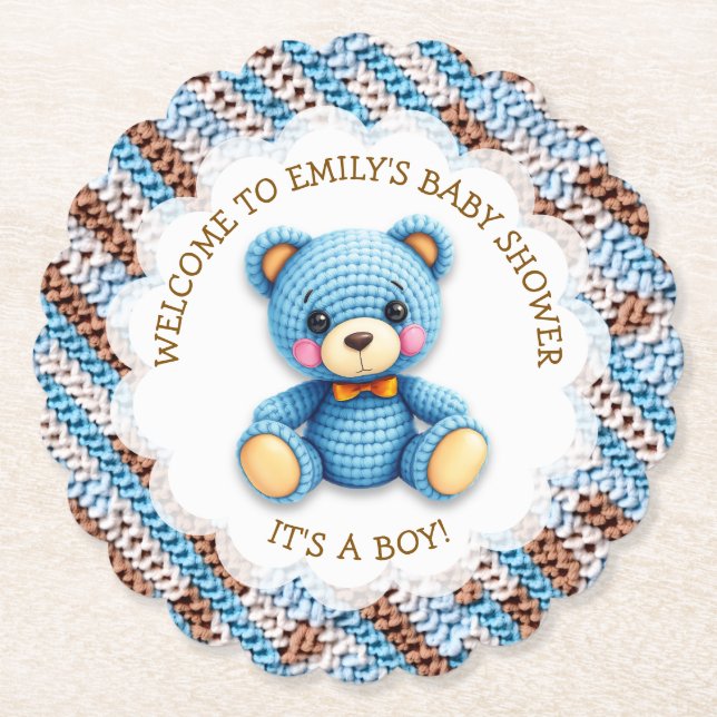 Porta-copo De Papel Blue and Brown Crocheted Teddy Bear It's a Boy (Frente)