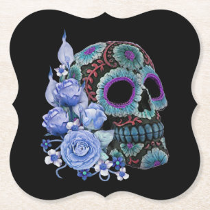 Porta-copo De Papel Blue Floral Black Sugar Skull Day Of The Dead
