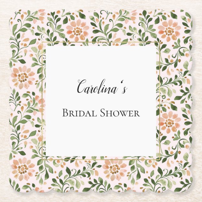 Porta-copo De Papel Blush Peach Flowers Green Leaves Bridal Shower   (Frente)